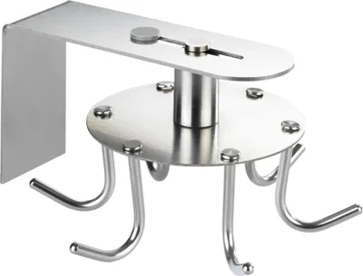 A stainless steel kitchen organizer with multiple hooks that can rotate 360 degrees.