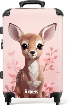 Produktbild von NoBoringSuitcases.com Kinder Koffer Mittelgroß 67x43x25 cm, 72L, Niedliche Drucke für Mädchen: Rosa - Hirsch mit Blumen, Reisekoffer mit 4 Rollen