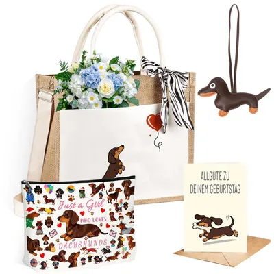 Immagine prodotto di Set regalo con borsa in tela a forma di bassotto, segnalibro, portachiavi e cartolina, ideale per adulti