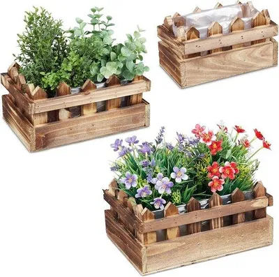 Produktbild von Famanu Pflanzkübel Set aus 3 Holzkübeln mit Folie für Fensterbank und Balkon - Natur