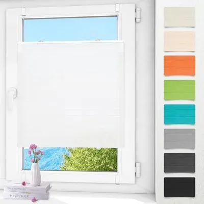 Produktbild von Plissee ohne Bohren in Weiß 80x80cm mit Klemmträgern, blickdicht und einfach zu montieren für Fenster und Türen