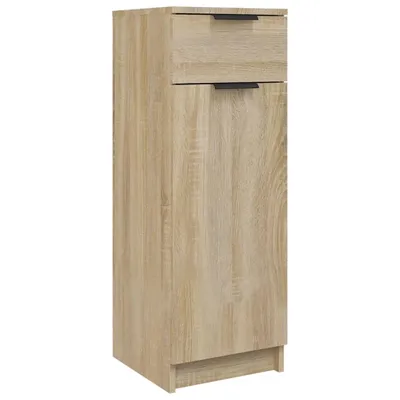 A tall, narrow cabinet with two doors and a drawer, made of wood-look material.