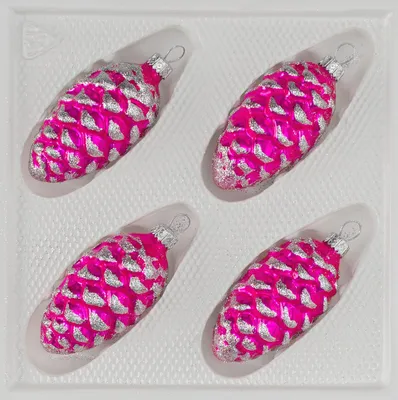 Produktbild von 4 tlg. Glas-Tannenzapfen Set in Hochglanz-Pink-Silberne-Ornamente