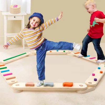 Balance-Balken-Set mit 6 Steinen, Holz, für Kinder 3-7 Jahre