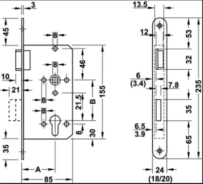 Produktbild von Profilzylinder Einsteckschloss Stahl Stulp 20 mm DIN Links