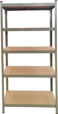 A metal shelving unit with wooden shelves against a white background.