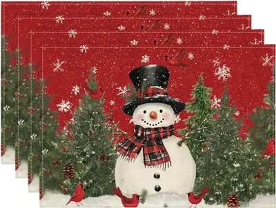 Produktbild von Weihnachtliche Platzsets 30x45 cm mit Schneemann-, Vogel-, Schal- und Baummotiven; Vintage-Winterdekoration für das Esszimmer