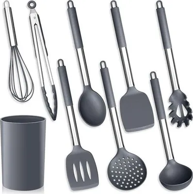 Produktbild von Famanu Küchenhelfer Set 9-teilig - Silikon Kochgeschirr mit Halter - graue Küchenutensilien mit Edelstahlgriffen