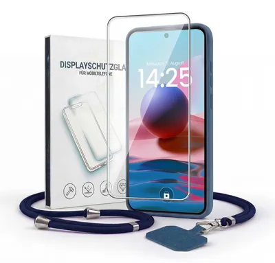 Produktbild von Handyhülle für Xiaomi Redmi Note 10 mit Handykette und 9H Displayglas Displayschutz Band Kordel Hülle Case Schutzhülle Blau