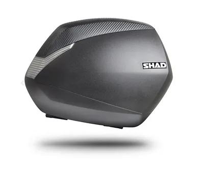 A single motorcycle side case with a carbon fiber look top, presented against a white background.
