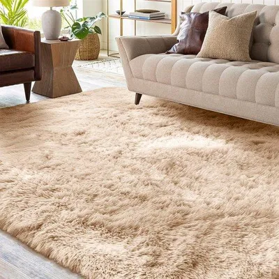 Produktbild von Unyqoos® Hochflor-Teppich Beige 80x160 cm – 4,5 cm Plüsch, weich & waschbar, TPR-Anti-Rutschrücken für Wohn- und Schlafzimmer