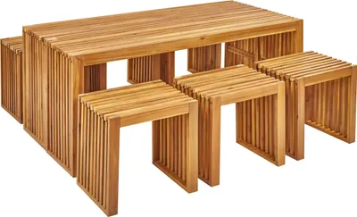 Produktbild von BELIANI Gartenmöbel Set Hellbraun Akazienholz 6-Sitzer 8-Teilig Rustikal Modern 2 Tische mit 6 Hockern Outdoor Terrasse Garten Ausstattung Holzmöbel