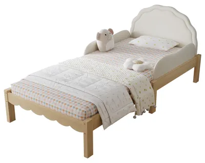 Produktbild von Kinderbett mit Lattenrost, Rausfallschutz und gepolstertem Kopfteil, 90x200 cm, Polsterbett, Einzelbett, Holzbett, Kunstleder