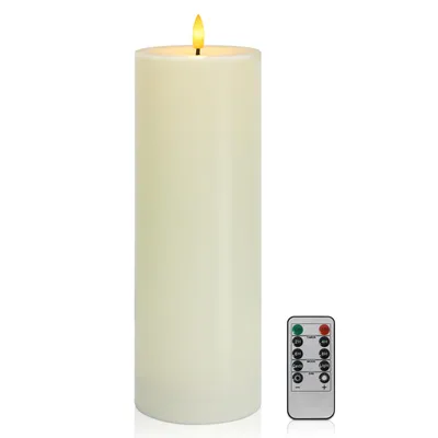 A cream-colored LED candle with a remote control.