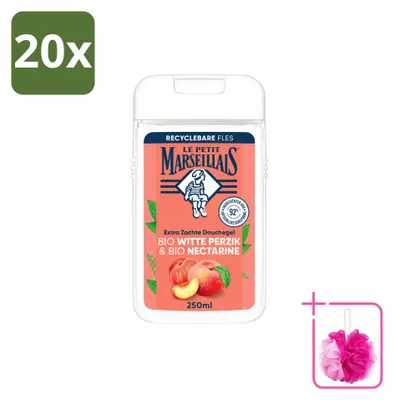 Imagen del producto de 20 unidades de gel de ducha Le Petit Marseillais, fórmula orgánica con melocotón y nectarina, 250 ml. Pack ahorro