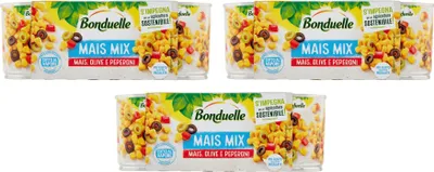 Produktbild von 3x Bonduelle Mais Mix Mais Olive e Peperoni Süßer und Knuspriger Mais mit Oliven und Peperoni ( 3 x 170g )