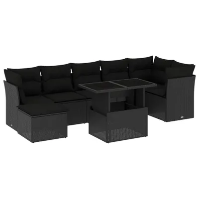 Produktbild von Modulares 8-tlg. Garten-Lounge-Set, verstellbarer Tisch, Poly Rattan, pulverbeschichteter Stahl, UV-beständig, Schwarz, mit abnehmbaren Kissenbezügen