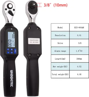 Obrázek produktu pro ES3-060AN 3/8 palcový ruční digitální momentový klíč Velký displej s podsvícením Zvukový LED alarm Měření špiček v reálném čase Přepínání čtyř jednotek Multifunkční praktický momentový klíč