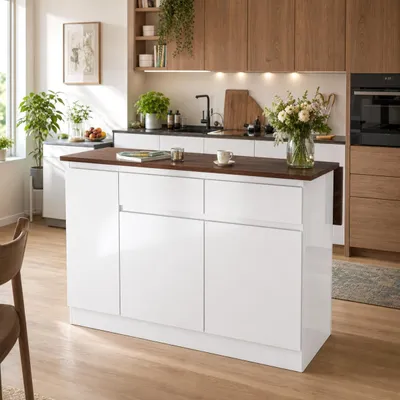 Produktbild von Kücheninsel aus MDF 145x55/85x90cm ausziehbare Arbeitsplatte, mit Schubladen & Türen, versteckte Griffe, moderner Küchenblock für Küche
