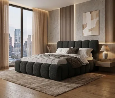 Produktbild von Polsterbett mit Bettkasten TOKIO 2 - Boucle / Lambi 12 Schwarz / Schlaffläche 200 cm x 200 cm / Metallrahmen / Bett mit gepolstertem Kopfteil, KI-generiertes Bild