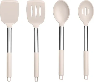 Produktbild von Küchenlöffel-Set 4-teilig Kaki Silikon-Essen mit Edelstahl-Griff