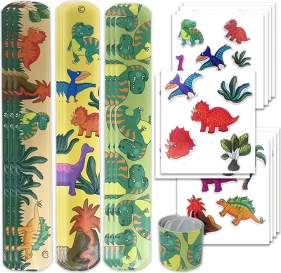Produktbild von Dino Schnapparmband Sticker Set - Knickarmbänder u. Aufkleber 10er Set | Klatscharmband für Jungen Dinosaurier Mitgebsel | Armband Kinderparty Giveaway Gastgeschenk