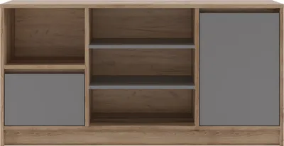A front view of a two-door sideboard with open shelves.