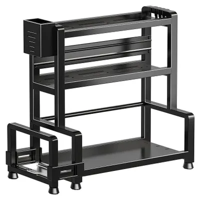 Image de Étagère de cuisine métallique à 3 niveaux – Étagère pour plan de travail – Organisateur gain de place pour le café, les tasses, les épices – Étagère autoportante – Noir