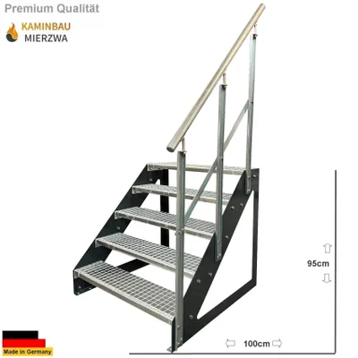 Produktbild von Freistehende Wangen- Stahltreppe 5 Stufen mit Geländer Rechts Verzinkt / Wangen Anthrazit / Breite 80 cm Höhe 95 cm