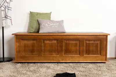 Produktbild von Truhe Holztruhe Kiefer massiv Vollholz Eichefarben Rustikal 179 – Abmessungen: 50 x 154 x 46 cm (H x B x T), Sitztruhe