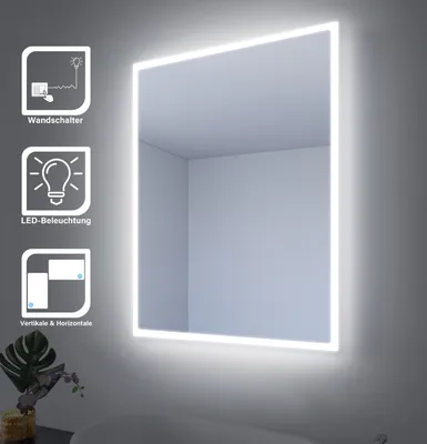 A lit mirror in a bathroom setting, with icons highlighting features.