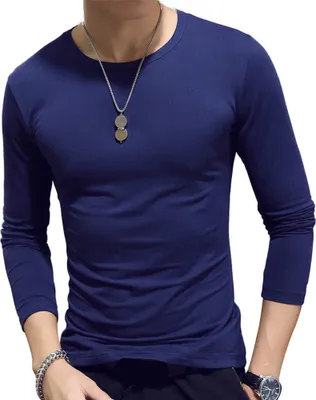 Produktbild von Lässige Männer Solid Color Slim T-Shirt Sport Bottoming Top-Dunkelblau (Asiatische Größe:XL)