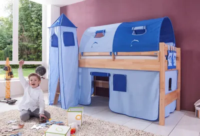 Produktbild von Relita Halbhohes Spielbett KIM Buche massiv natur lackiert mit Textilset blau/delfin, BH1131114+TX5002026+TX5082026+TX5152026+TX5032026