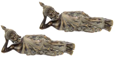 Liegende Buddha-Figur, Kunststein, braun-gold, 2er-Set, 27 cm