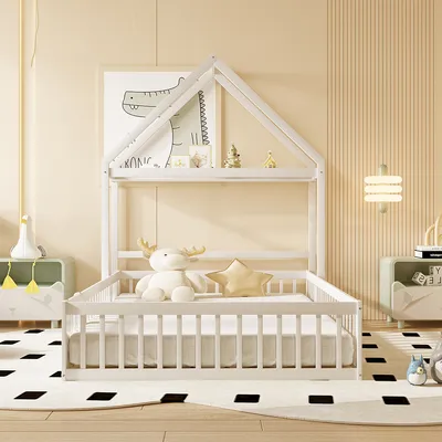 Produktbild von Kinderbett mit Stauraum Vollschutzgitter und Türen und Lattenrost Tagesbett Doppelbett aus Massivholz 140 x 200cm Weiß