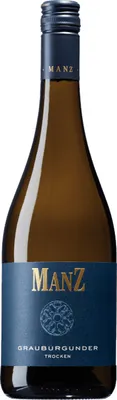 A bottle of Manz Grauburgunder wine against a white background.