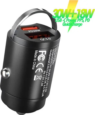 A black car charger with two ports, one labeled PD30W and the other QC3.0, is shown against a white background. Text overlays highlight its charging capabilities.