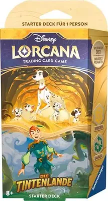 A product box for a Disney Lorcana trading card game starter deck, featuring characters from 101 Dalmatians and Peter Pan.