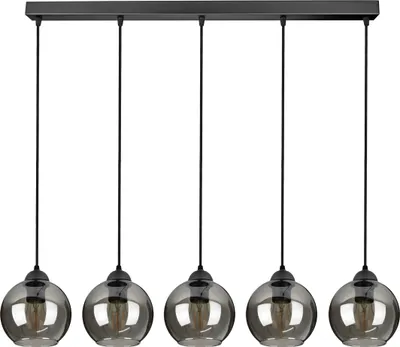 A linear pendant light fixture with five glass shades.