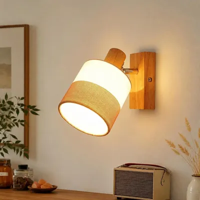 Produktbild von ZMH LED Wandstrahler Holz Wandleuchte Innen Wandlampe Retro Wandspot E14 Schwenkbar 350° Flurlampe Wand Stoffschrim für Schlafzimmer Küche, MAX.40W