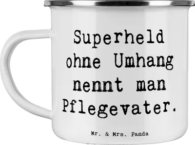 Produktbild von Mr. & Mrs. Panda Teetasse Spruch Pflegevater Held - Weiß - Geschenk, Kind, Kinderbetreuung, Familie, Kaffeepott, Haferl, Vertrauen, Verwandte, Emaille Tasse, becher
