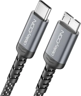 Produktbild von deleyCON 3,0m USB 3.0 Micro B Kabel 5Gbps - USB C auf Micro B USB Stecker - Nylon Datenkabel für Externe Festplatte HDD SSD Festplattengehäuse - für Toshiba, WD, Seagate, Samsung usw.