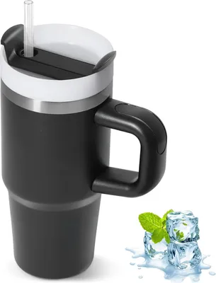 Produktbild von Thermosbecher mit Strohhalm und Griff - 410 ml Isolierbecher für Kalt und Warm
