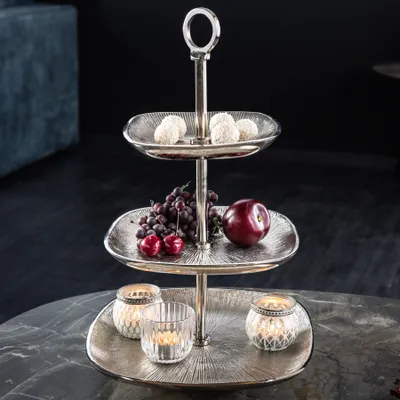 Produktbild von riess-ambiente Moderne Etagere ORIENT 45cm silber Hammerschlag-Design mit drei Etagen Schmuckablage Ablage Gebäcketagere