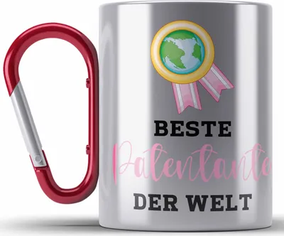 Produktbild von Trendation - Beste Patentante Der Welt Edelstahl Tasse Karabiner Geschenk Geburtstag Weihnachten Lustig Geschenkideen von Nichte LieblingsPatentante Hier Bin Ich (Rot)