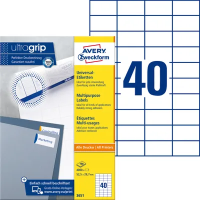 Zdjęcie produktu dla Avery Zweckform® 3651 3651 Etykiety uniwersalne ultragrip - 52,5 x 29,7 mm, białe, 4 000 etykiet, trwałe