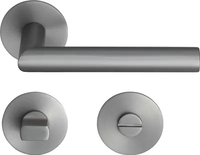 A set of door hardware, including a lever handle and two rosettes, displayed against a white background.