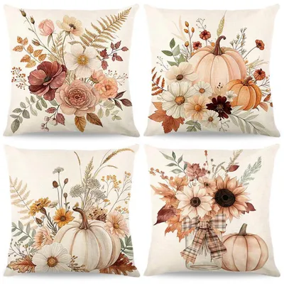 Productafbeelding van 4 kussenslopen, herfstmotief, 40x40 cm, linnenlook, decoratie