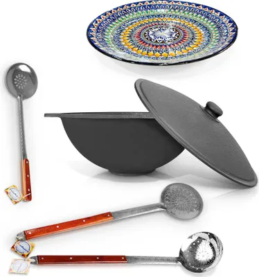 Produktbild von Gusseisen Uzbekisch Kazan 22L Deckel Schaumlöffel WOK Kochtopf Lagan Ляган Kasan