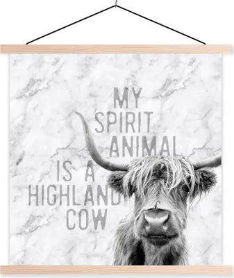 Produktbild von MuchoWow® Textilposter Marmor - Zitat - Schottisches Hochlandrind 120x120 cm mit holzfarbenen Rahmen - Textil-Poster